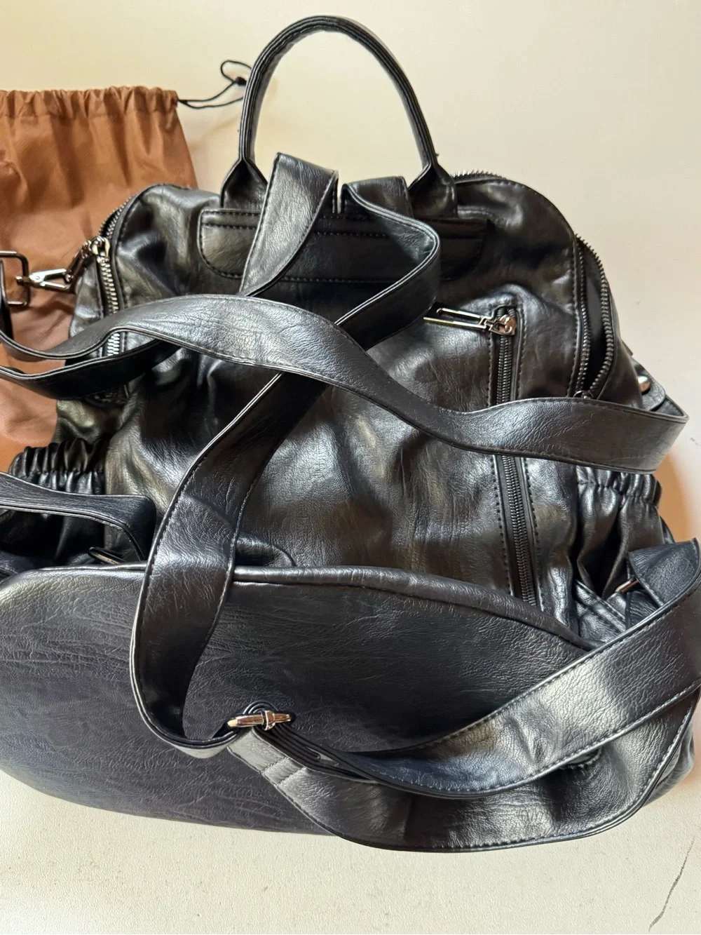 Classic Black Leather Tote Backpack - Unbranded